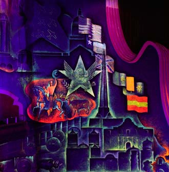 A vibrant cowboy rallies his herd under the "Saga of the Seven Flags" and the Randolph Air Force base tower on the eastern wall of the Alameda Theatre. Jia-Sun Tsang and Sarah Pinchin's study confirms the importance of the black light murals in a brief, but brilliant, artistic trend of the '40s and '50s.