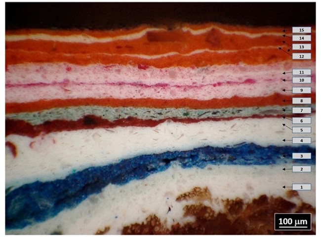 A single paint sample from the 20th-century painting Big Egg (1968) by Ed Clark, from the National Museum of African American History and Culture (NMAAHC). More than 15 layers were identified and characterized using digital microscopy and SEM-EDS.
