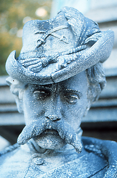 Detail showing pitting on the head of the Cavalryman, City of New York Civil War Monument (1869), Green-Wood Cemetery, Brooklyn, NY; made of copper-plated zinc