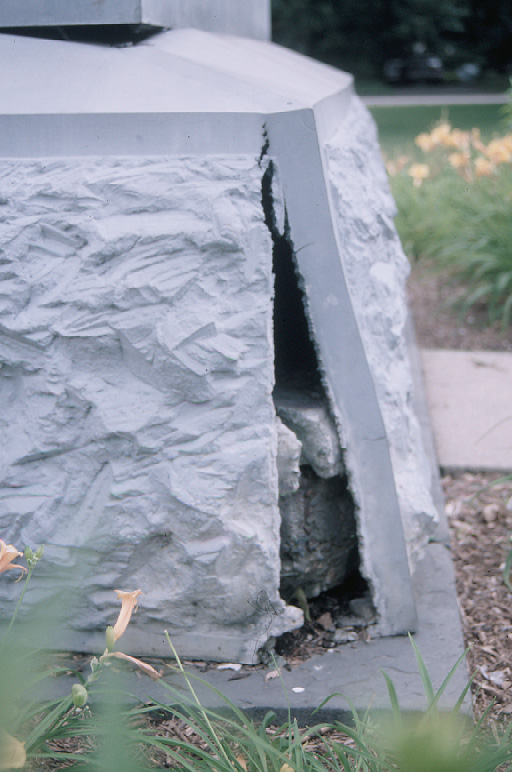 Detail of a crack resulting from the placement of concrete inside the Academy Hill Monument (1889), Stratford, CT; made by the Monumental Bronze Company in white bronze